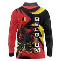 Belgium Long Sleeve Polo Shirt with Black Red Lion Crest Flag Flame Spirit