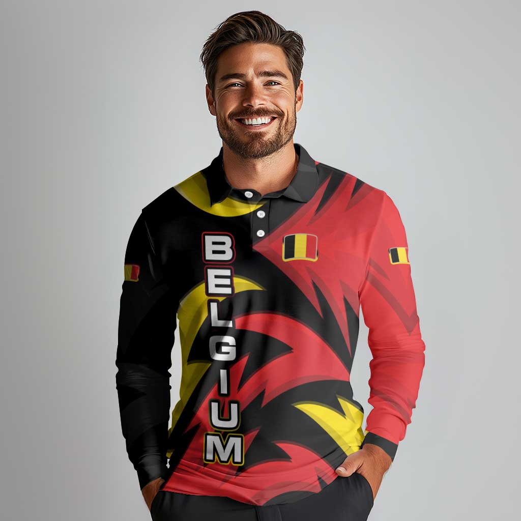 Belgium Long Sleeve Polo Shirt with Black Red Lion Crest Flag Flame Spirit