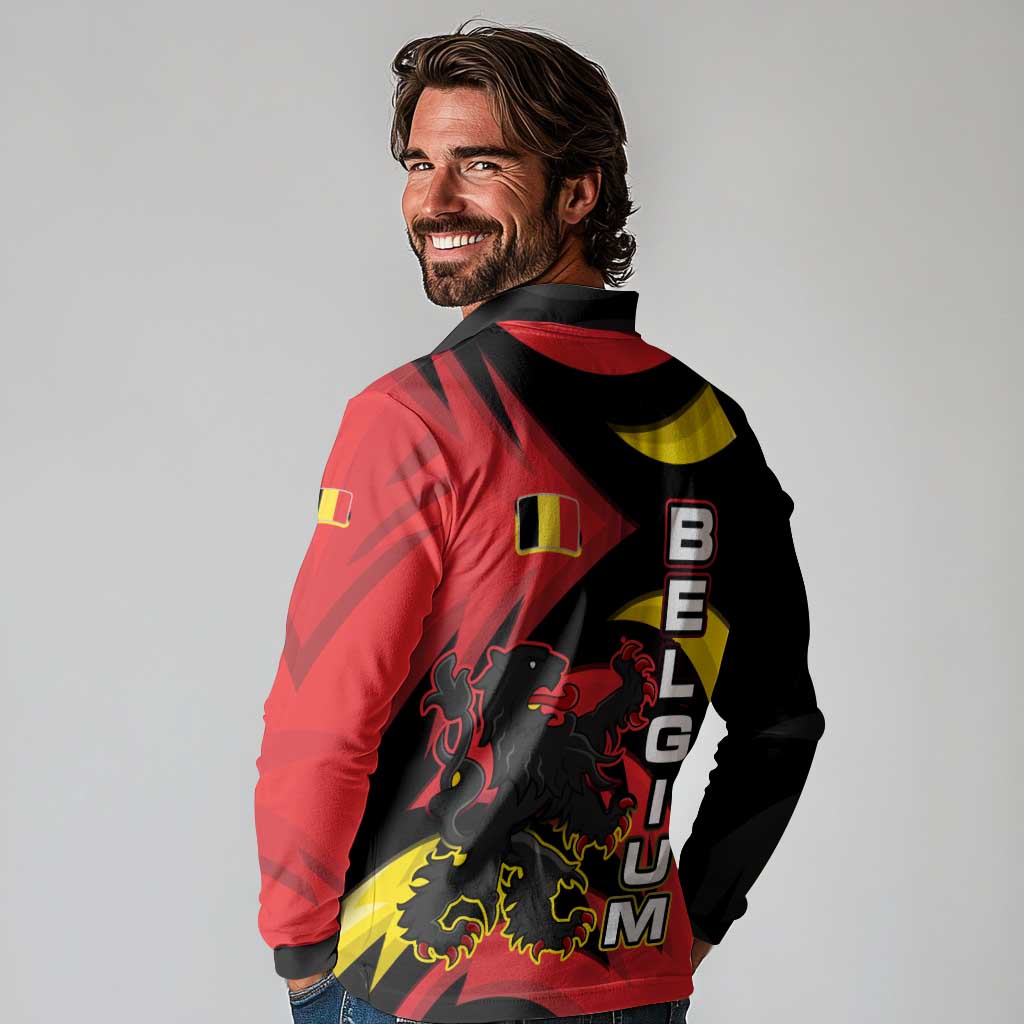 Belgium Long Sleeve Polo Shirt with Black Red Lion Crest Flag Flame Spirit