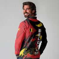 Belgium Long Sleeve Polo Shirt with Black Red Lion Crest Flag Flame Spirit