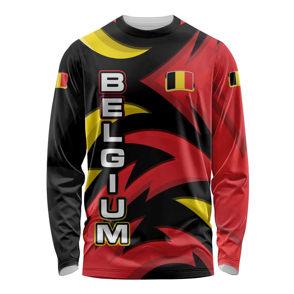 Belgium Long Sleeve Shirt with Black Red Lion Crest Flag Flame Spirit