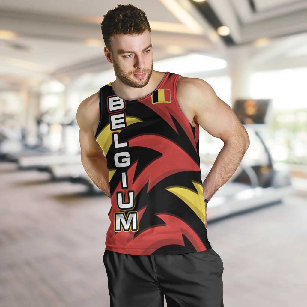 Belgium Men Tank Top with Black Red Lion Crest Flag Flame Spirit