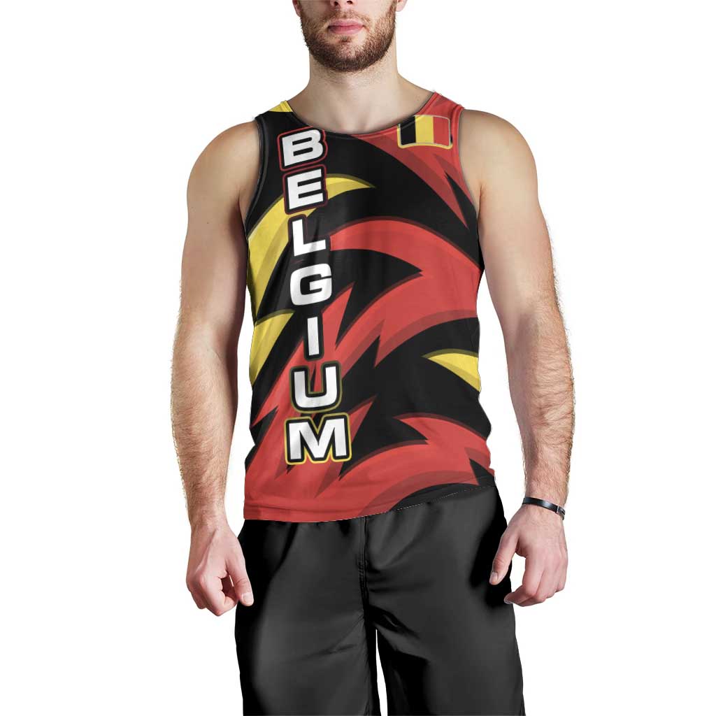 Belgium Men Tank Top with Black Red Lion Crest Flag Flame Spirit