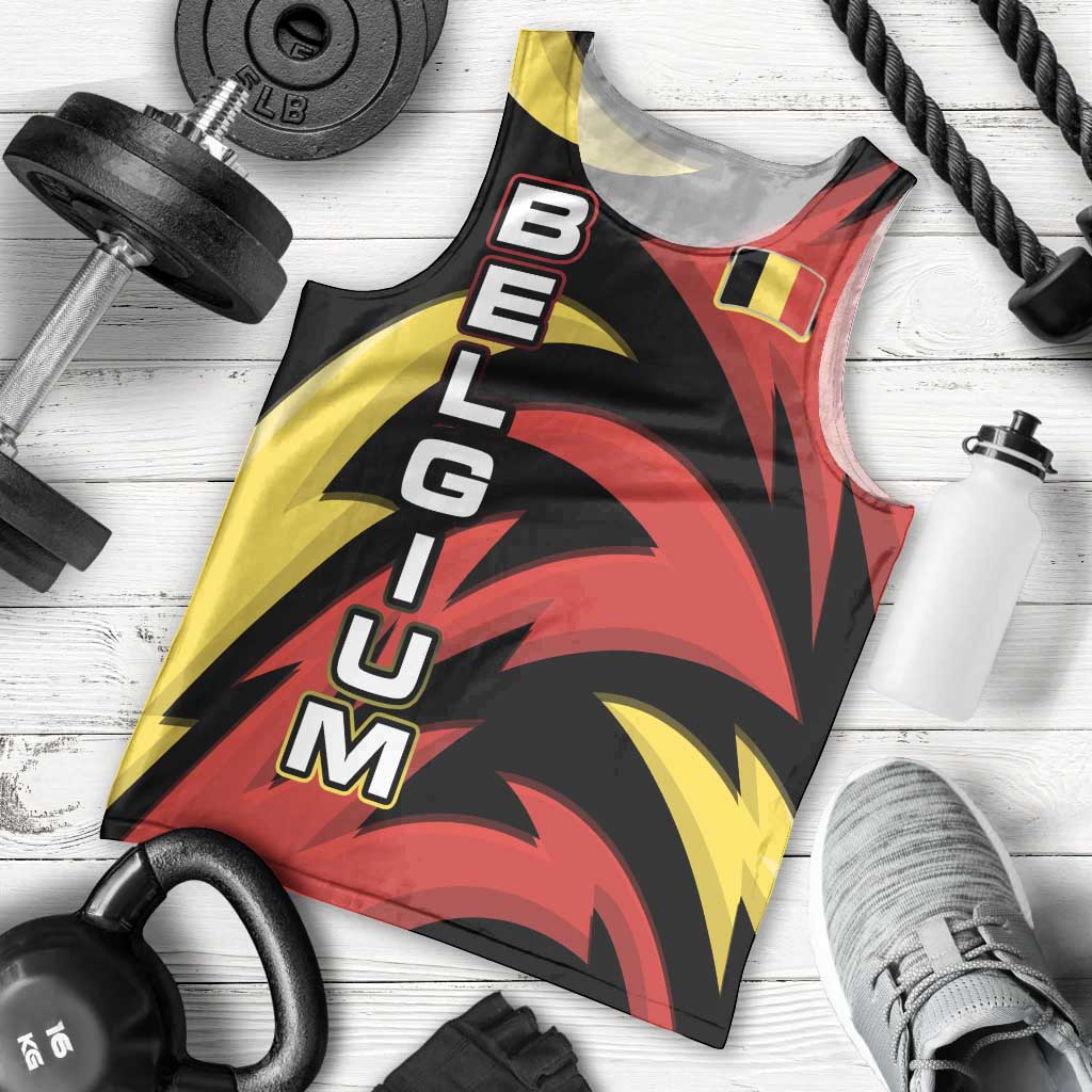 Belgium Men Tank Top with Black Red Lion Crest Flag Flame Spirit