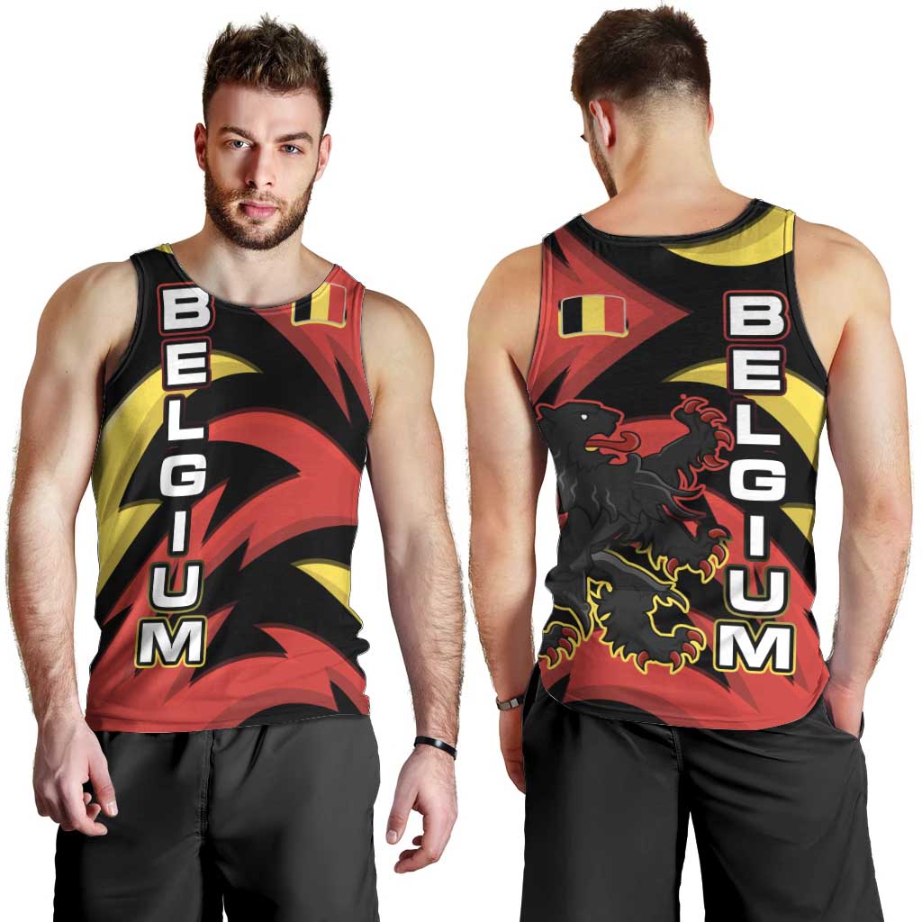 Belgium Men Tank Top with Black Red Lion Crest Flag Flame Spirit