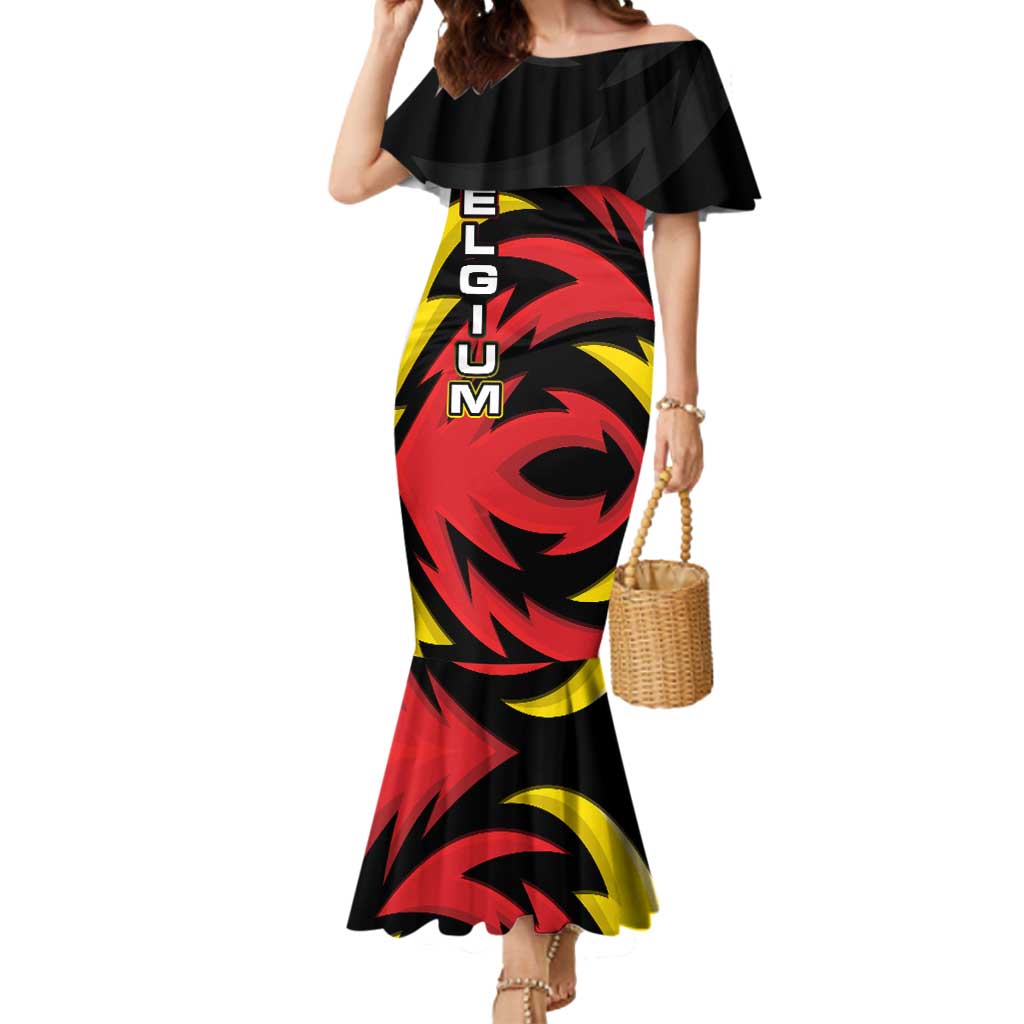 Belgium Mermaid Dress with Black Red Lion Crest Flag Flame Spirit