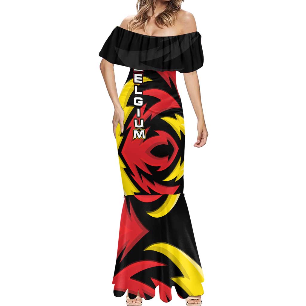 Belgium Mermaid Dress with Black Red Lion Crest Flag Flame Spirit