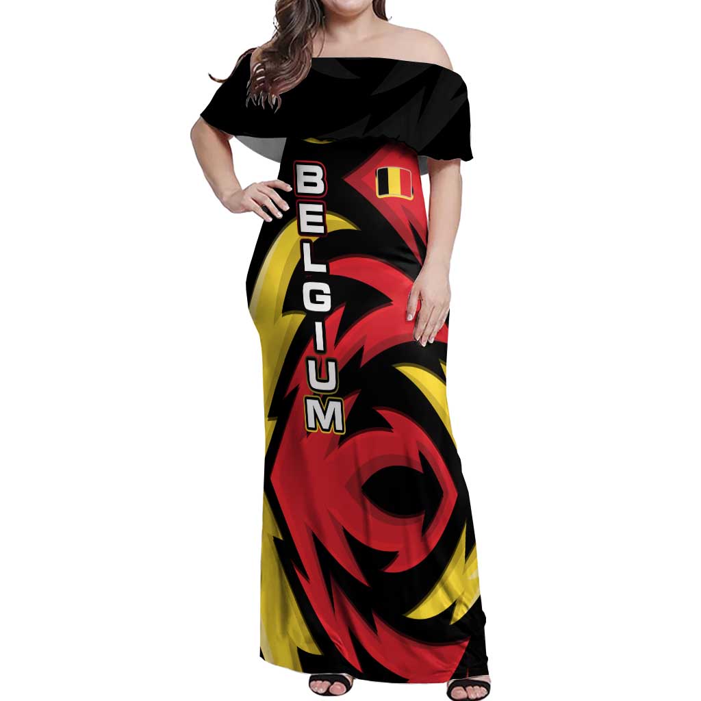 Belgium Off Shoulder Maxi Dress with Black Red Lion Crest Flag Flame Spirit