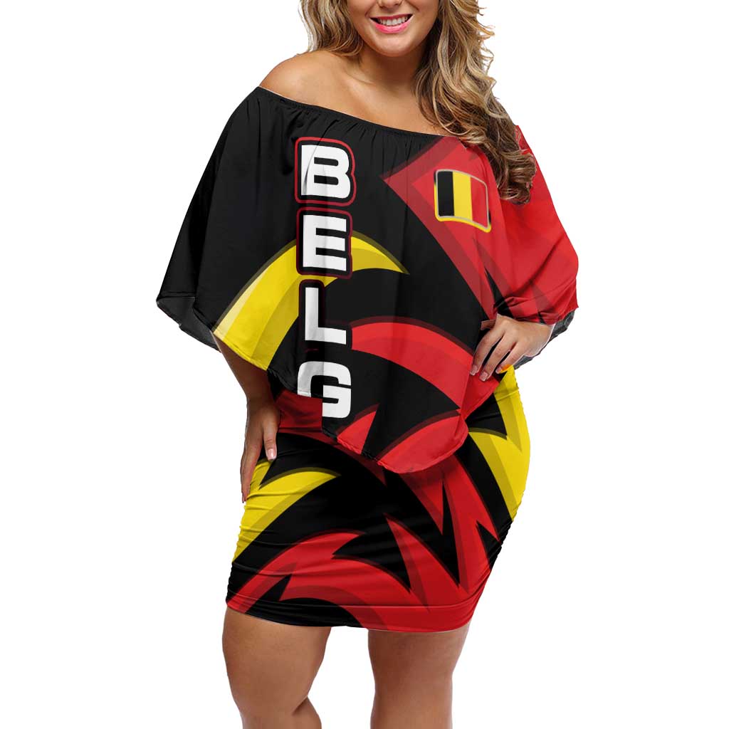 Belgium Off Shoulder Short Dress with Black Red Lion Crest Flag Flame Spirit
