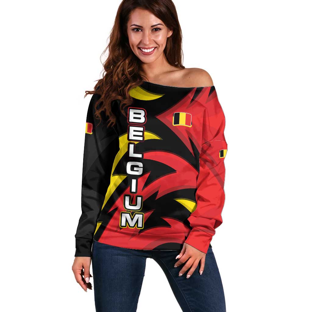 Belgium Off Shoulder Sweater with Black Red Lion Crest Flag Flame Spirit