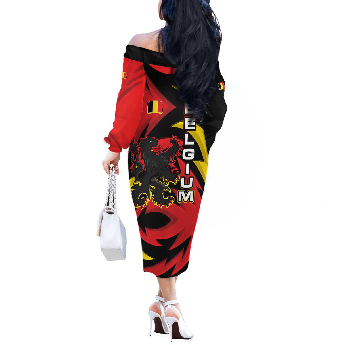 Belgium Off The Shoulder Long Sleeve Dress with Black Red Lion Crest Flag Flame Spirit
