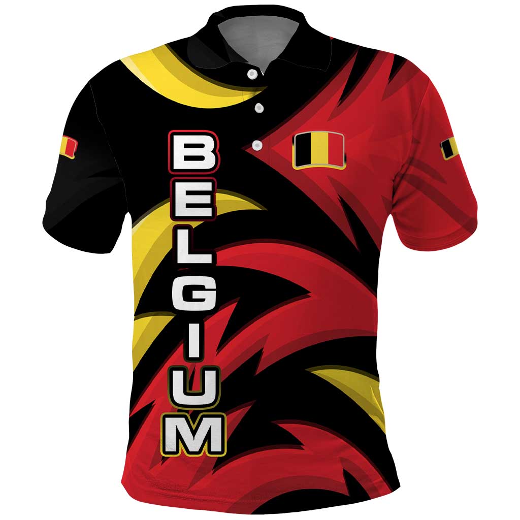Belgium Polo Shirt with Black Red Lion Crest Flag Flame Spirit