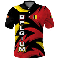 Belgium Polo Shirt with Black Red Lion Crest Flag Flame Spirit