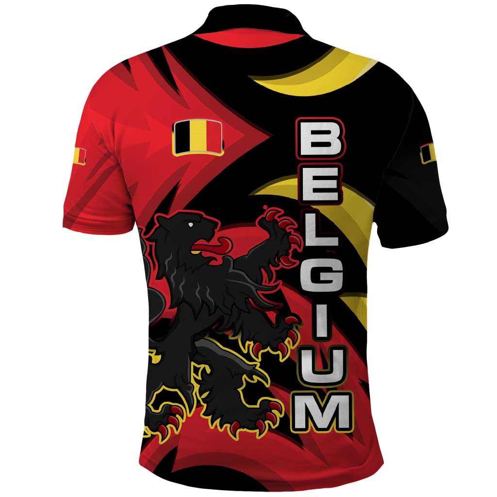 Belgium Polo Shirt with Black Red Lion Crest Flag Flame Spirit