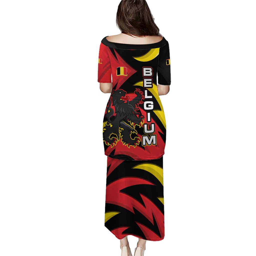 Belgium Puletasi with Black Red Lion Crest Flag Flame Spirit