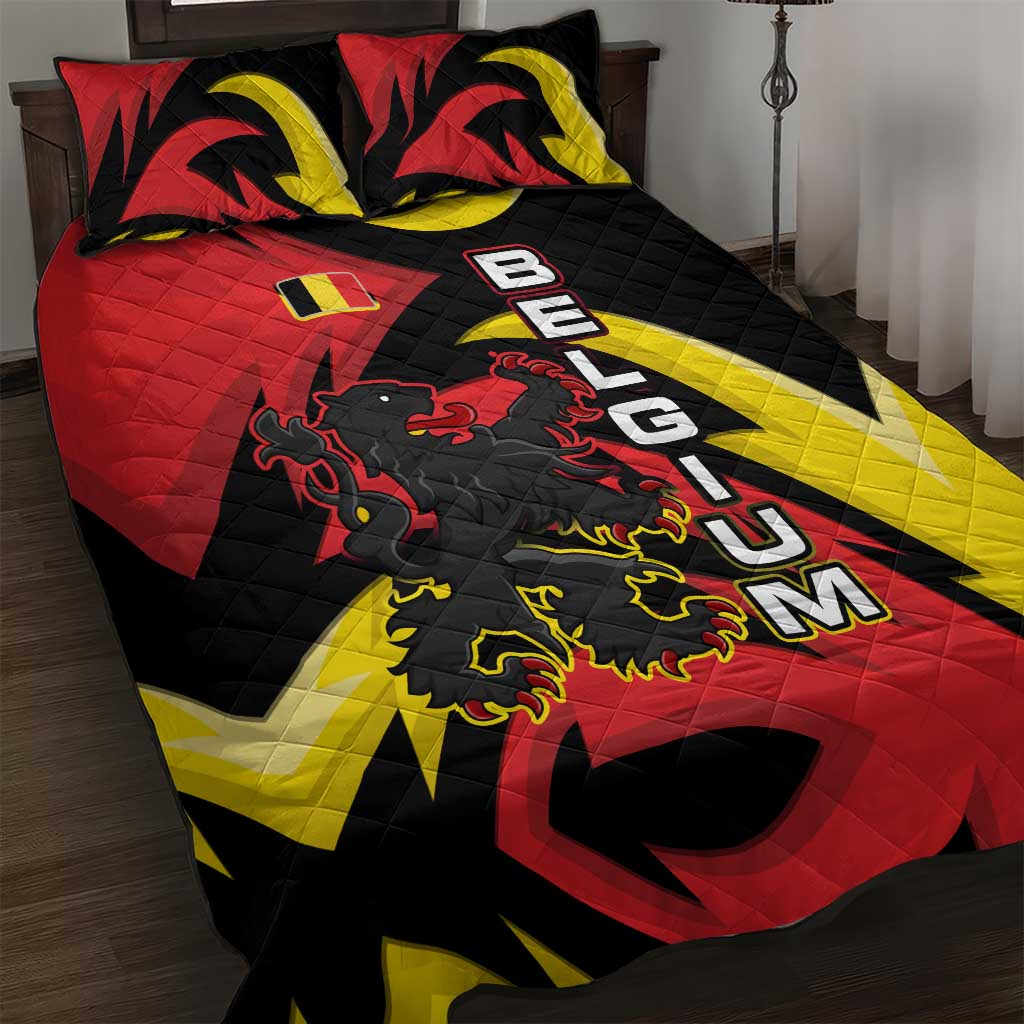Belgium Quilt Bed Set with Black Red Lion Crest Flag Flame Spirit