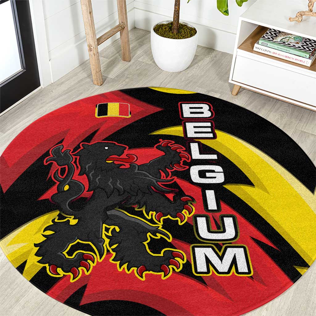 Belgium Round Carpet with Black Red Lion Crest Flag Flame Spirit