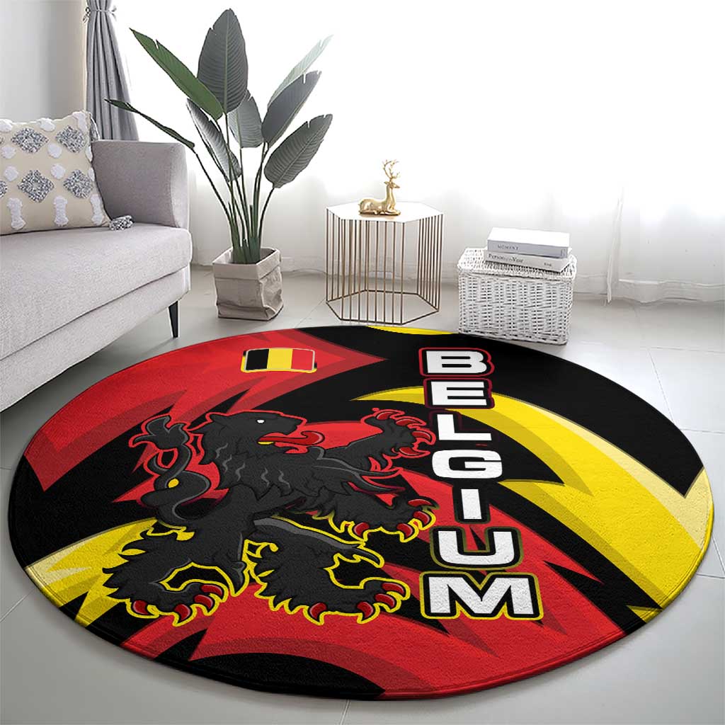Belgium Round Carpet with Black Red Lion Crest Flag Flame Spirit