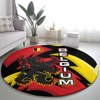 Belgium Round Carpet with Black Red Lion Crest Flag Flame Spirit