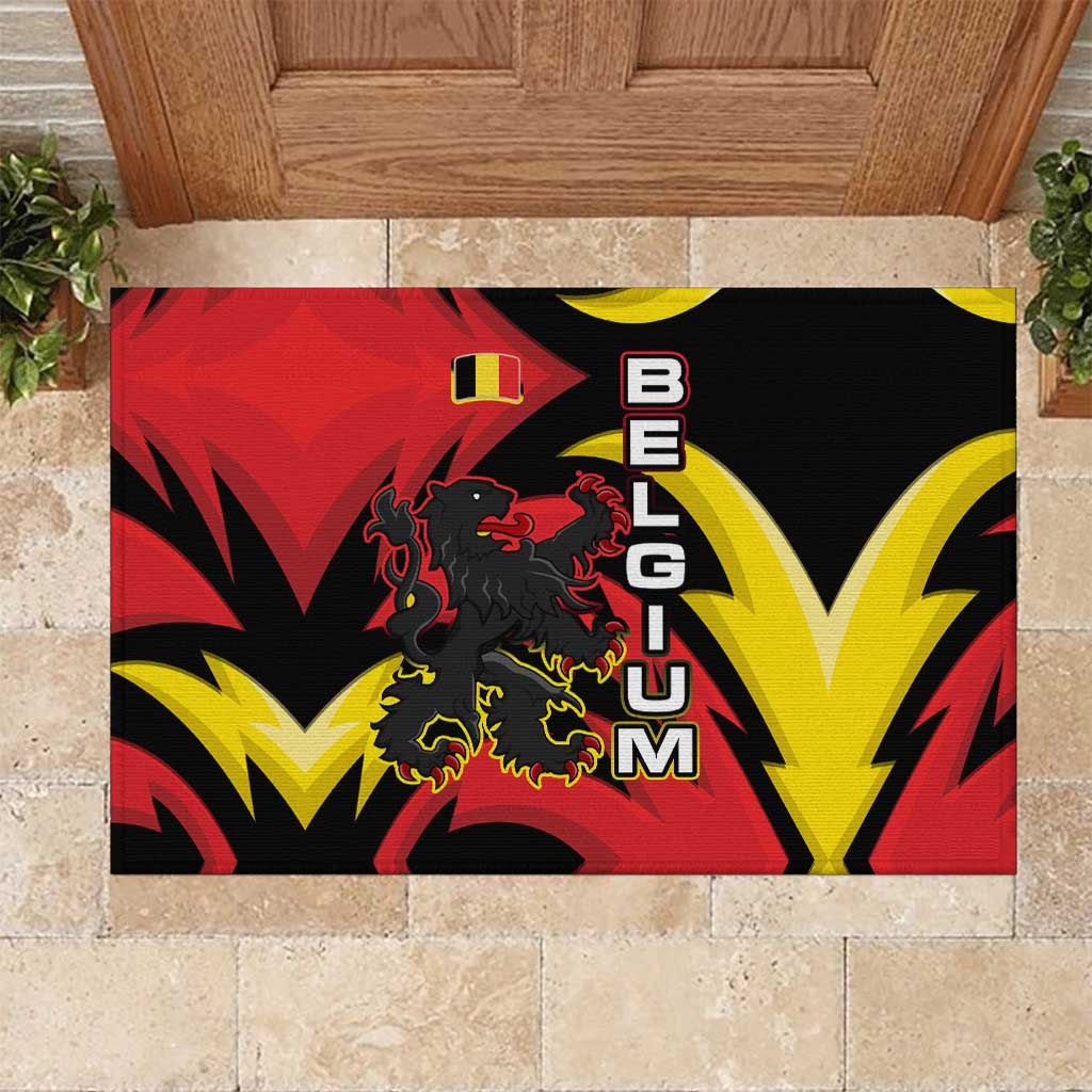 Belgium Rubber Doormat with Black Red Lion Crest Flag Flame Spirit