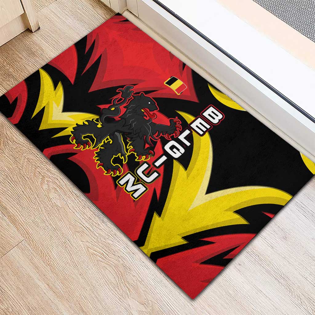 Belgium Rubber Doormat with Black Red Lion Crest Flag Flame Spirit