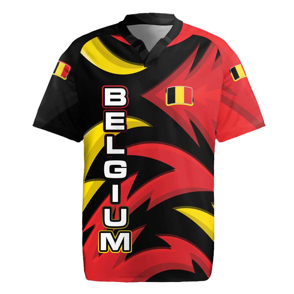 Belgium Rugby Jersey with Black Red Lion Crest Flag Flame Spirit