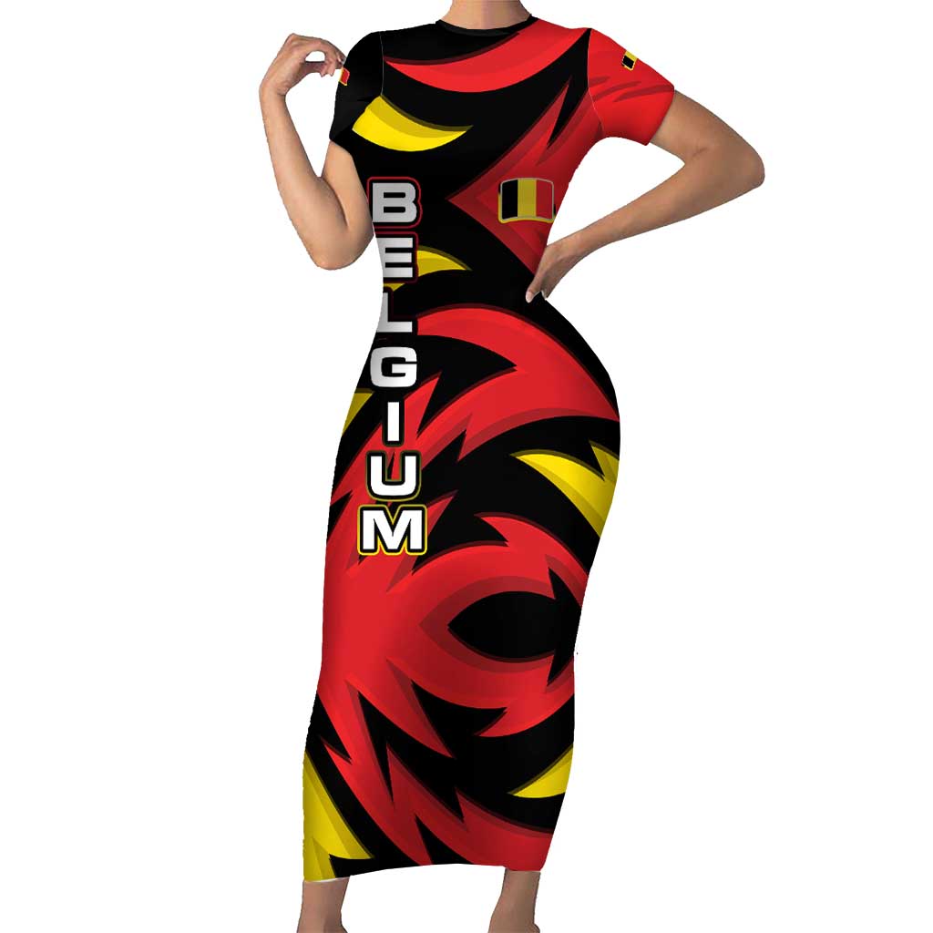 Belgium Short Sleeve Bodycon Dress with Black Red Lion Crest Flag Flame Spirit
