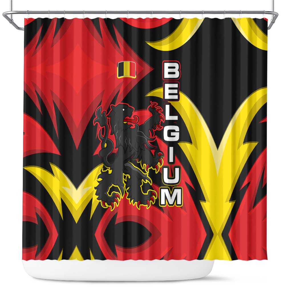 Belgium Shower Curtain with Black Red Lion Crest Flag Flame Spirit