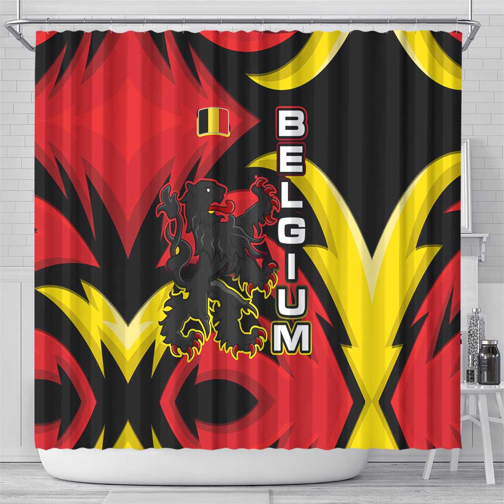 Belgium Shower Curtain with Black Red Lion Crest Flag Flame Spirit