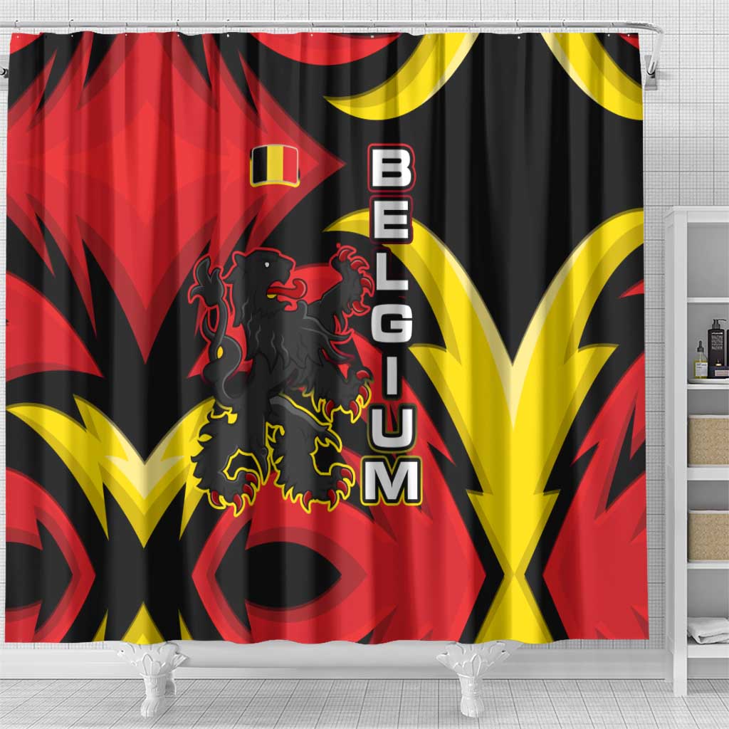Belgium Shower Curtain with Black Red Lion Crest Flag Flame Spirit