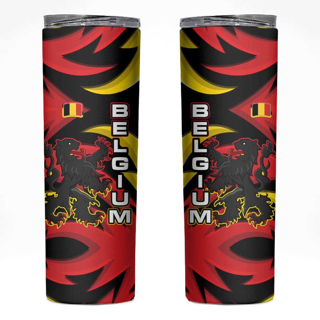 Belgium Skinny Tumbler with Black Red Lion Crest Flag Flame Spirit