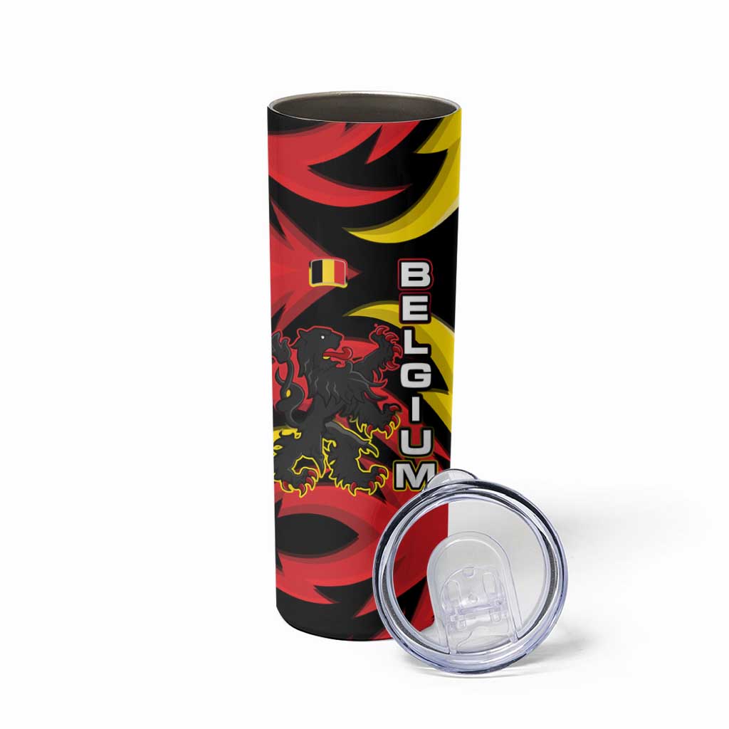 Belgium Skinny Tumbler with Black Red Lion Crest Flag Flame Spirit