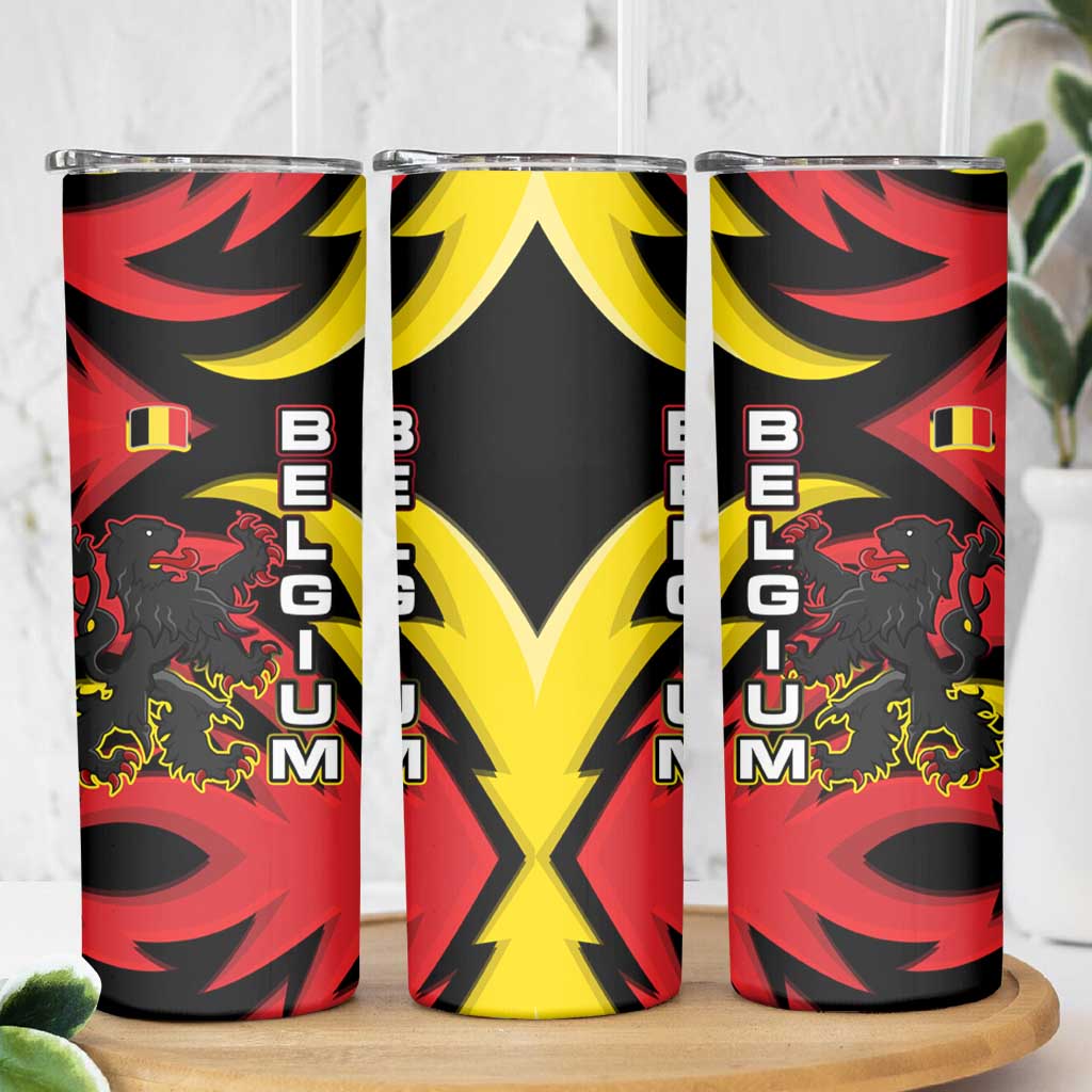 Belgium Skinny Tumbler with Black Red Lion Crest Flag Flame Spirit