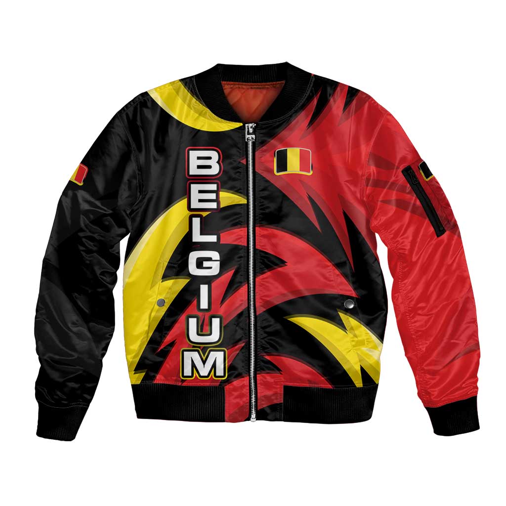 Belgium Sleeve Zip Bomber Jacket with Black Red Lion Crest Flag Flame Spirit