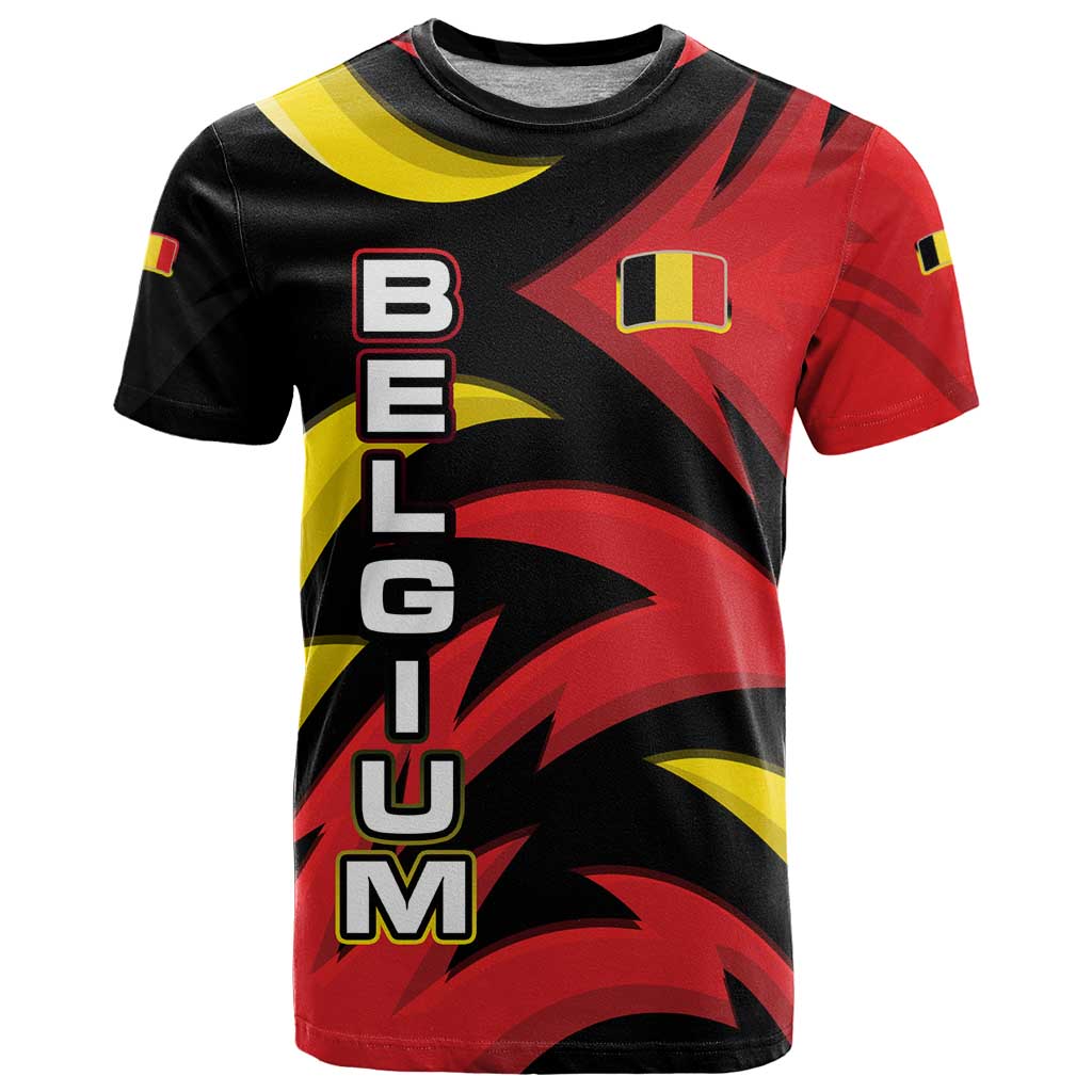 Belgium T Shirt with Black Red Lion Crest Flag Flame Spirit