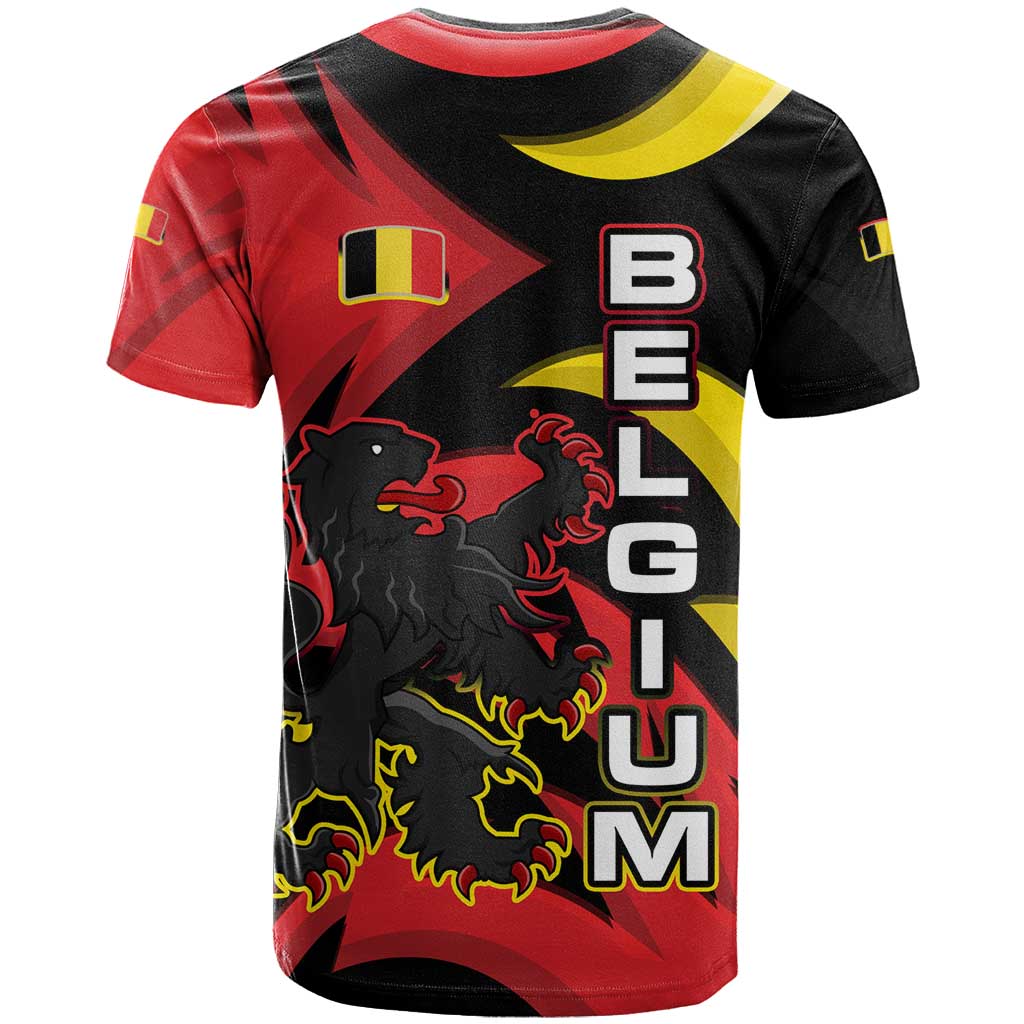 Belgium T Shirt with Black Red Lion Crest Flag Flame Spirit