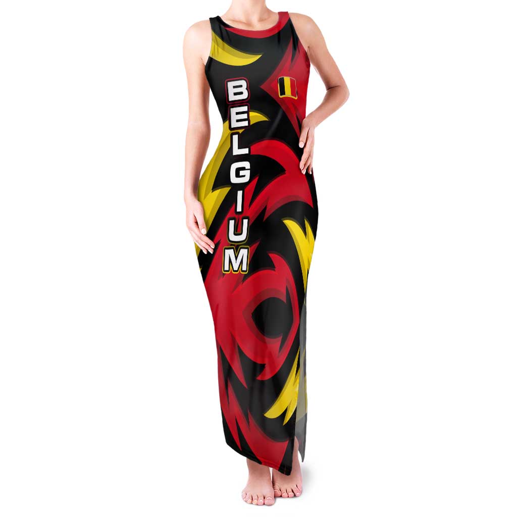 Belgium Tank Maxi Dress with Black Red Lion Crest Flag Flame Spirit