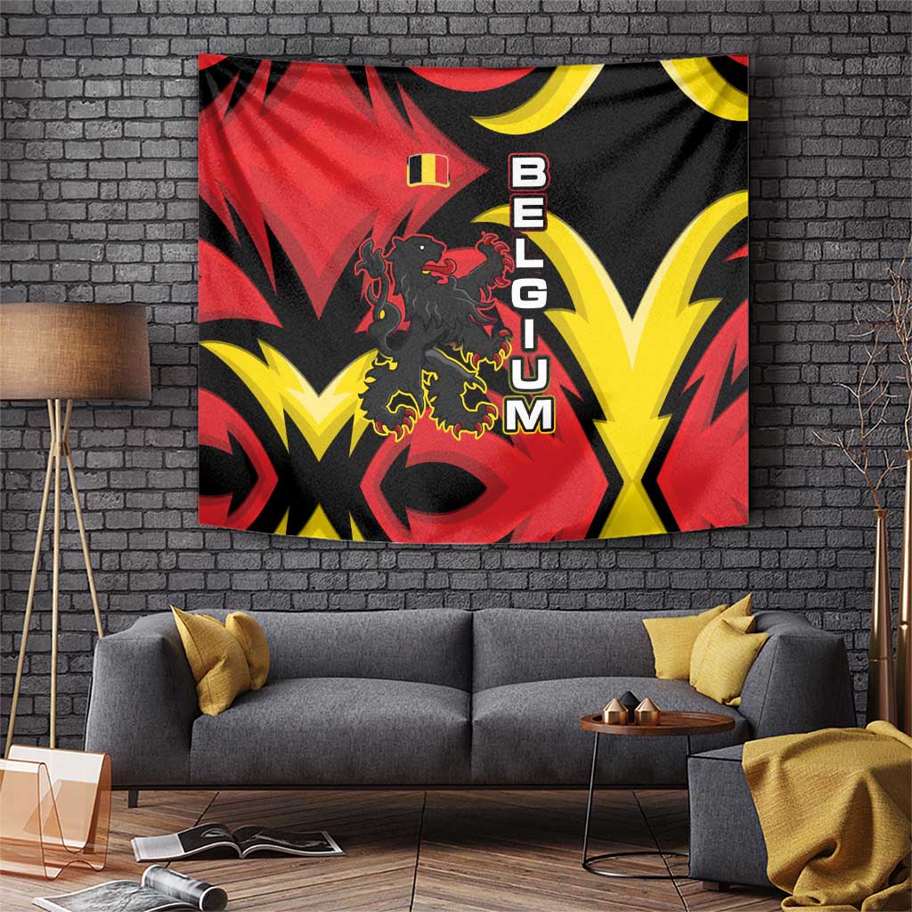Belgium Tapestry with Black Red Lion Crest Flag Flame Spirit