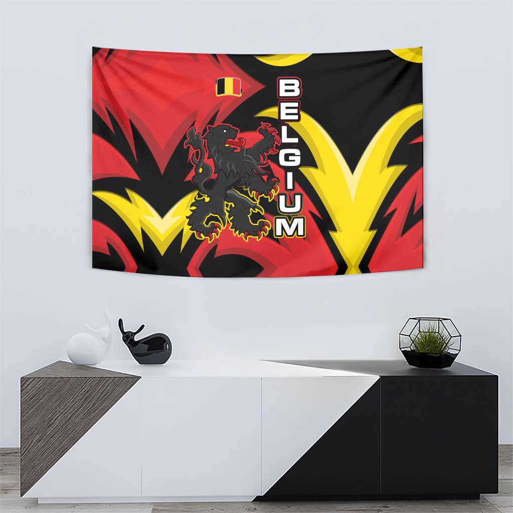 Belgium Tapestry with Black Red Lion Crest Flag Flame Spirit