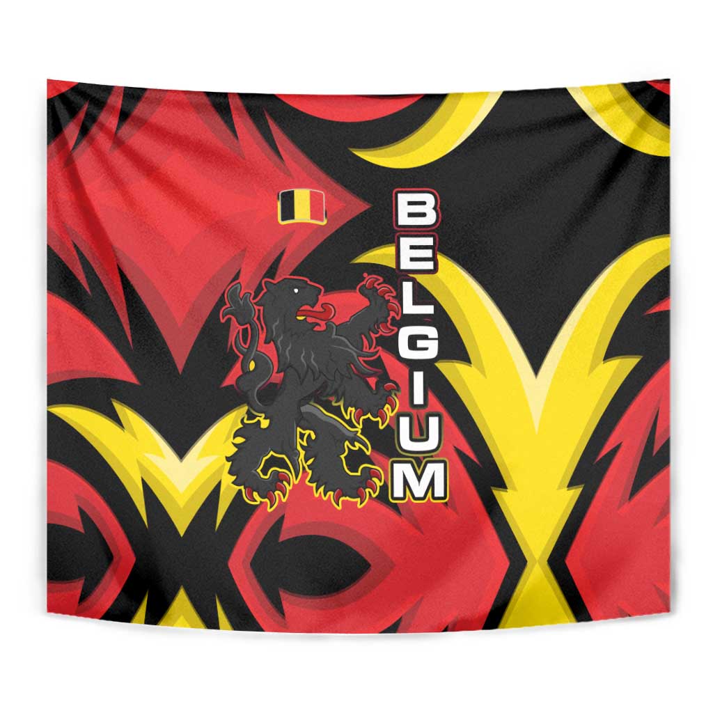 Belgium Tapestry with Black Red Lion Crest Flag Flame Spirit