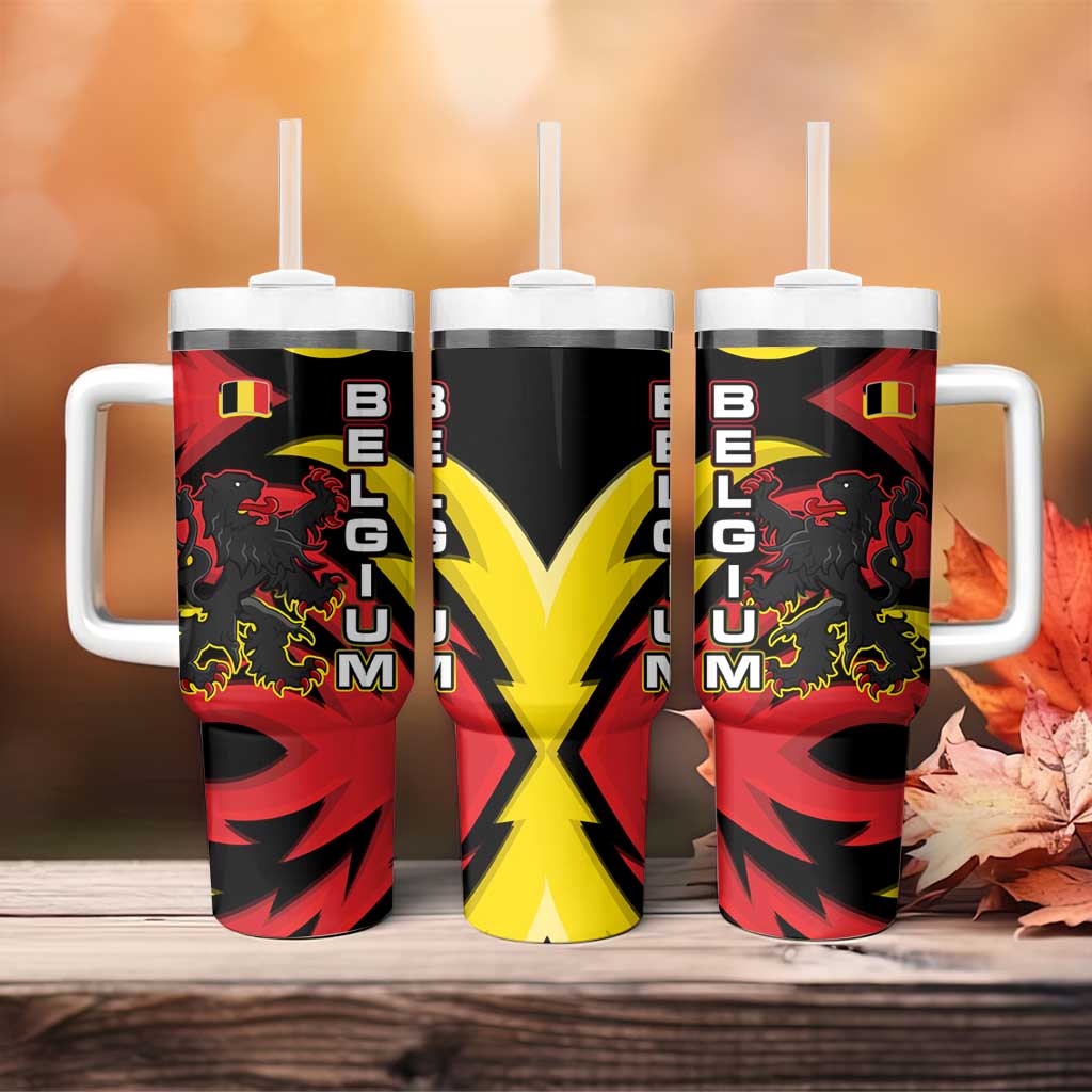 Belgium Tumbler With Handle with Black Red Lion Crest Flag Flame Spirit