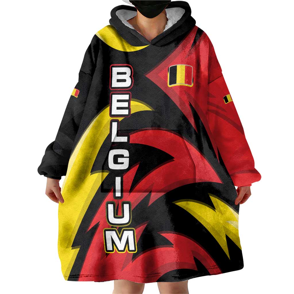 Belgium Wearable Blanket Hoodie with Black Red Lion Crest Flag Flame Spirit