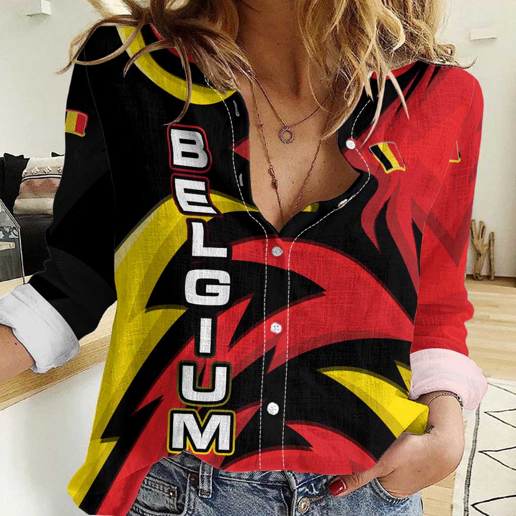 Belgium Women Casual Shirt with Black Red Lion Crest Flag Flame Spirit