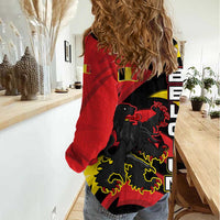 Belgium Women Casual Shirt with Black Red Lion Crest Flag Flame Spirit