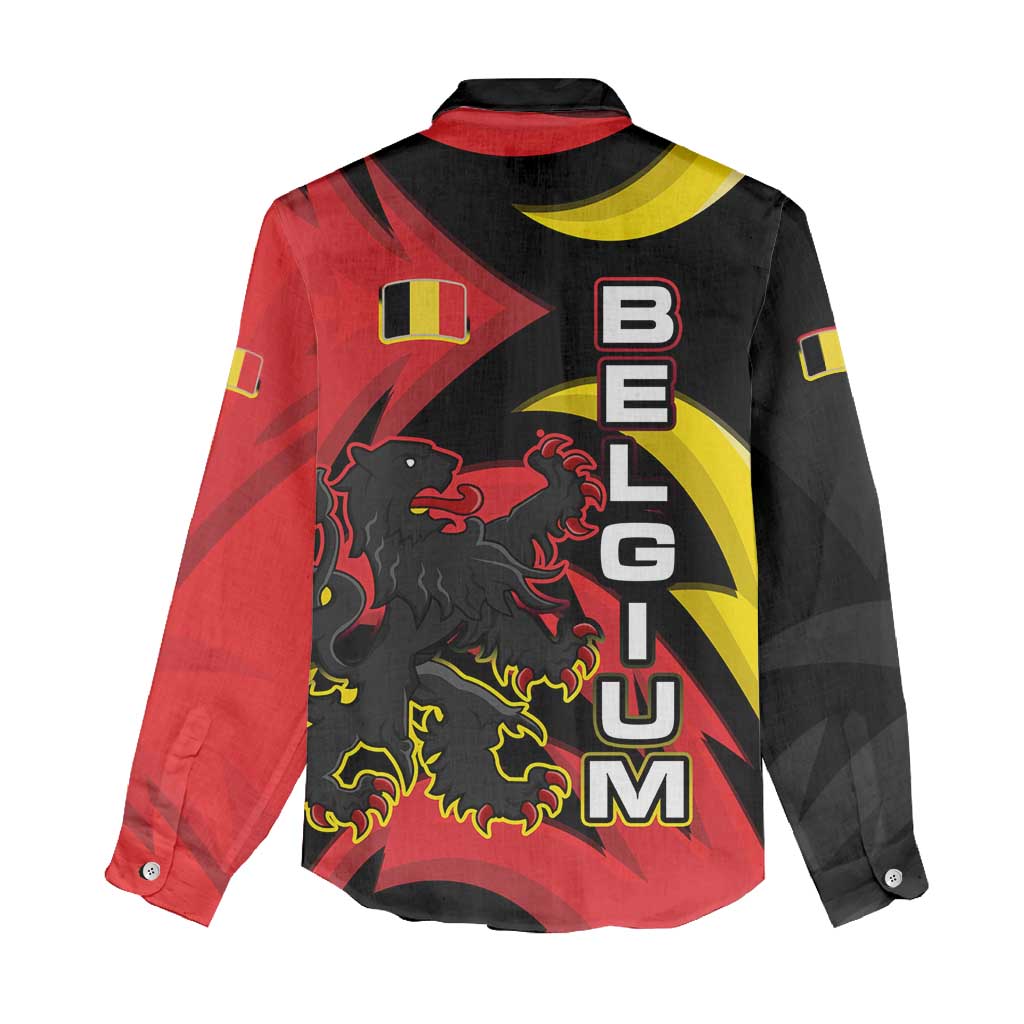 Belgium Women Casual Shirt with Black Red Lion Crest Flag Flame Spirit