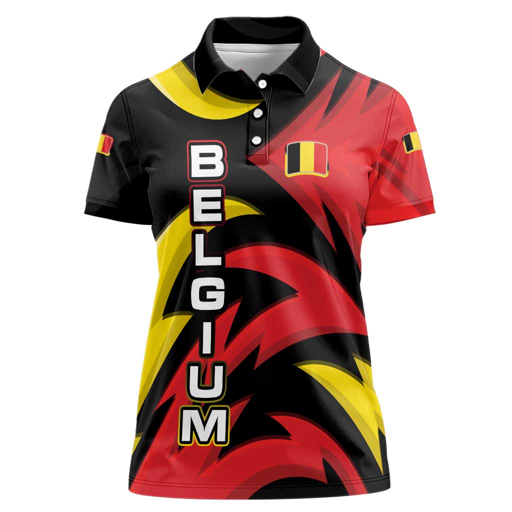 Belgium Women Polo Shirt with Black Red Lion Crest Flag Flame Spirit