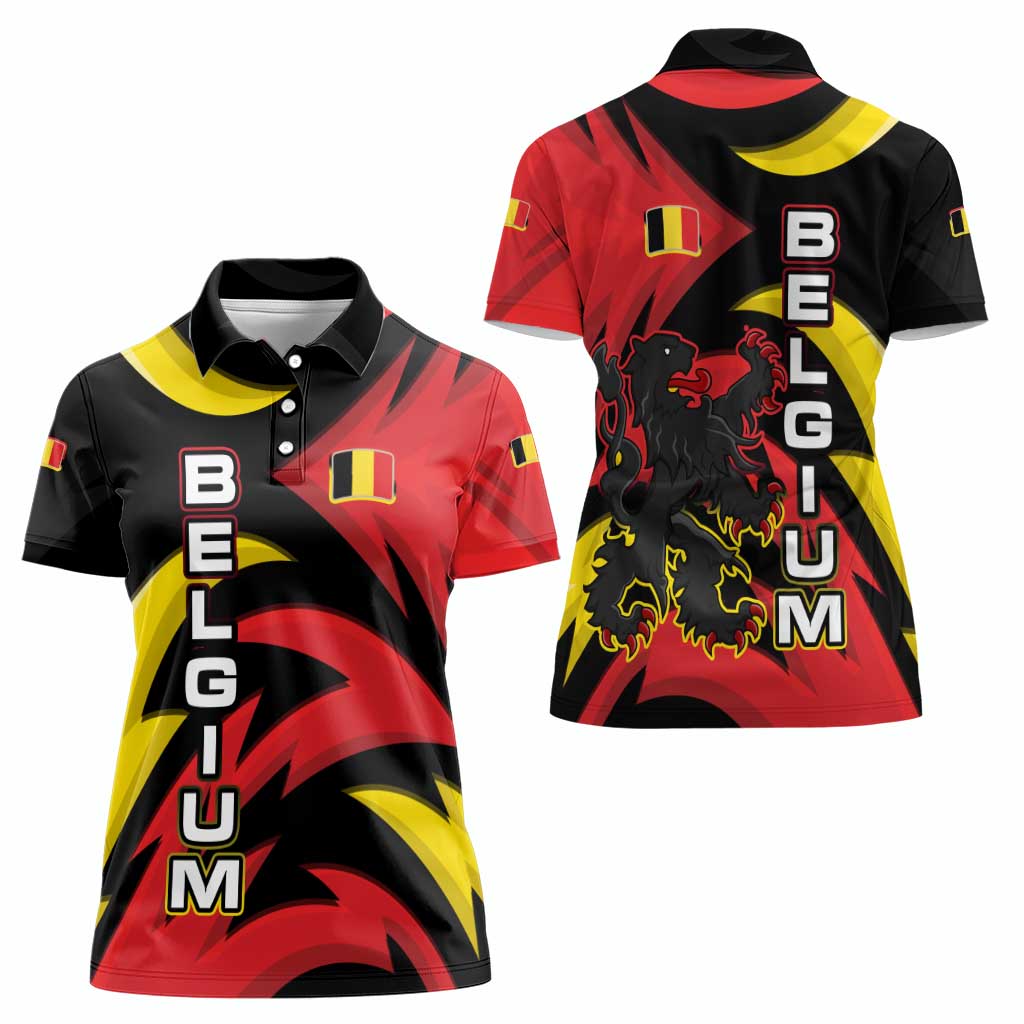 Belgium Women Polo Shirt with Black Red Lion Crest Flag Flame Spirit