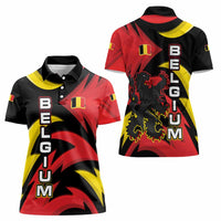 Belgium Women Polo Shirt with Black Red Lion Crest Flag Flame Spirit