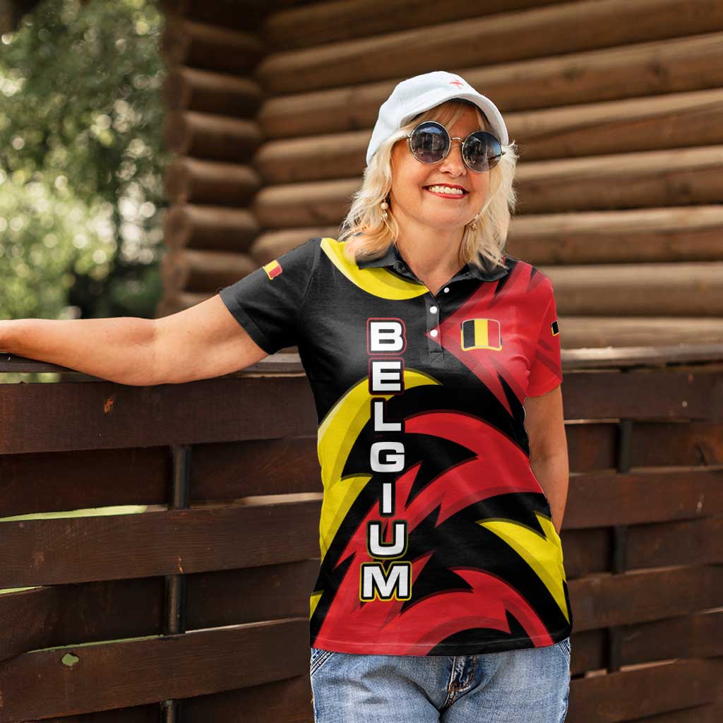 Belgium Women Polo Shirt with Black Red Lion Crest Flag Flame Spirit