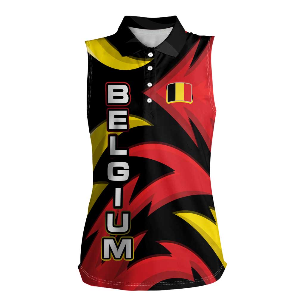 Belgium Women Sleeveless Polo Shirt with Black Red Lion Crest Flag Flame Spirit